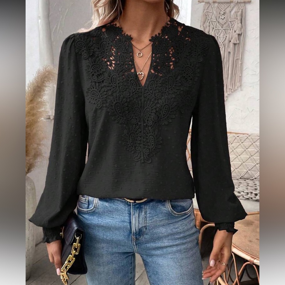 Elegant Black Swiss Dot Lace Blouse